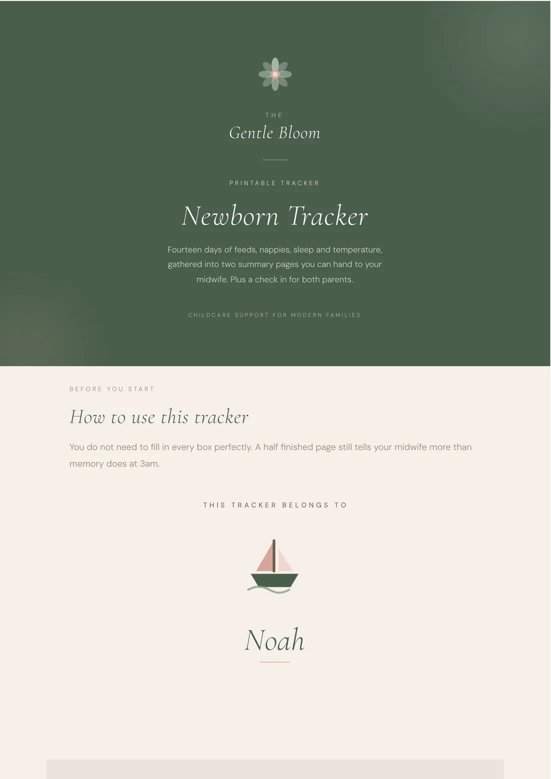 The printed Newborn Tracker cover, with a boat and the name Noah on it